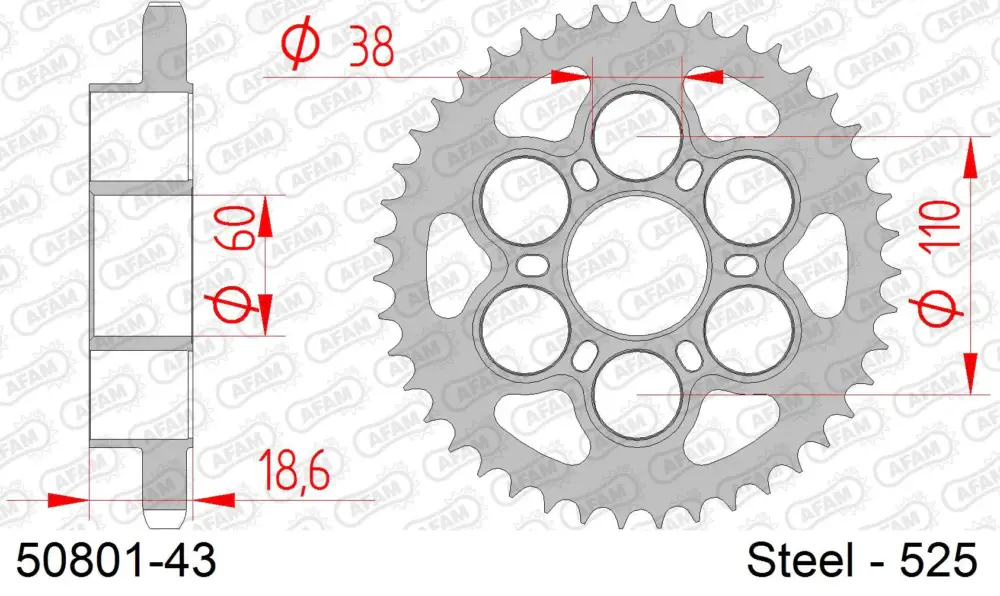 Prezzo Conveniente Corona AFAM 50801-43 in acciaio passo 525 DUCATI 1200 DIAVEL 2011 -2018
